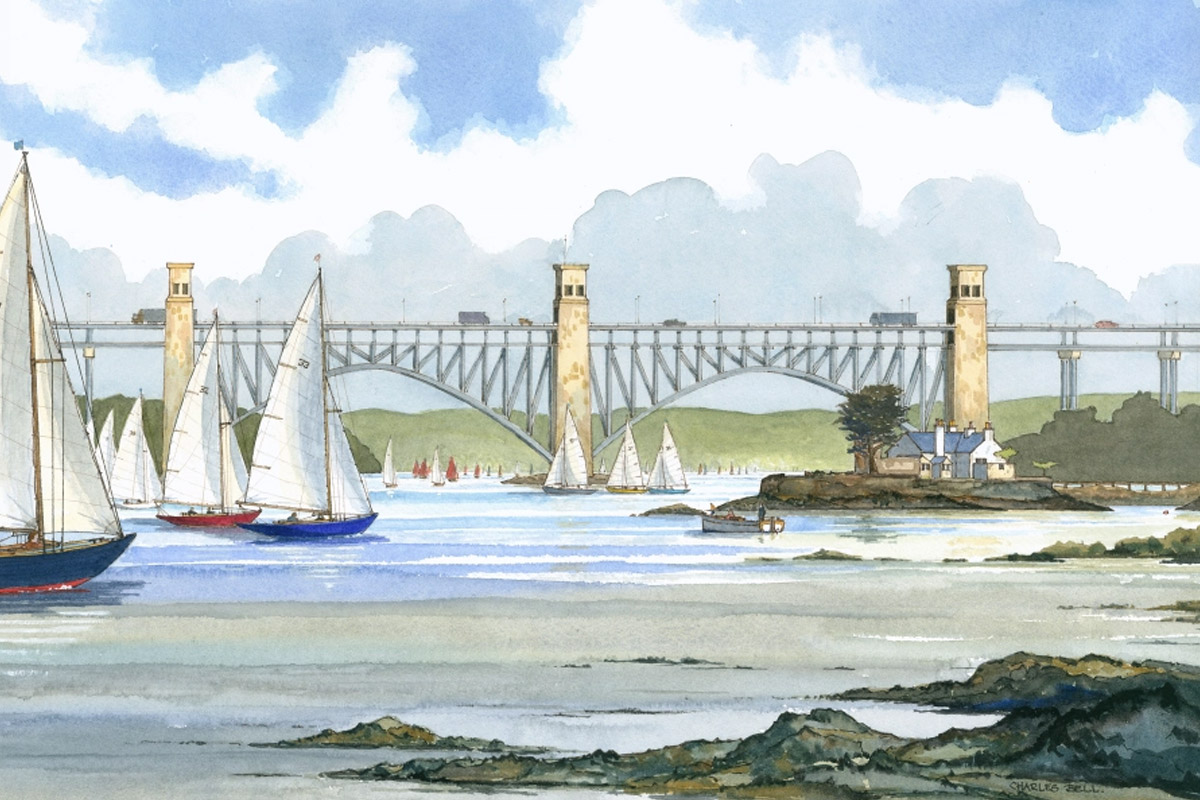 Charles Bell Artist: CB84 Racing at Britannia Bridge